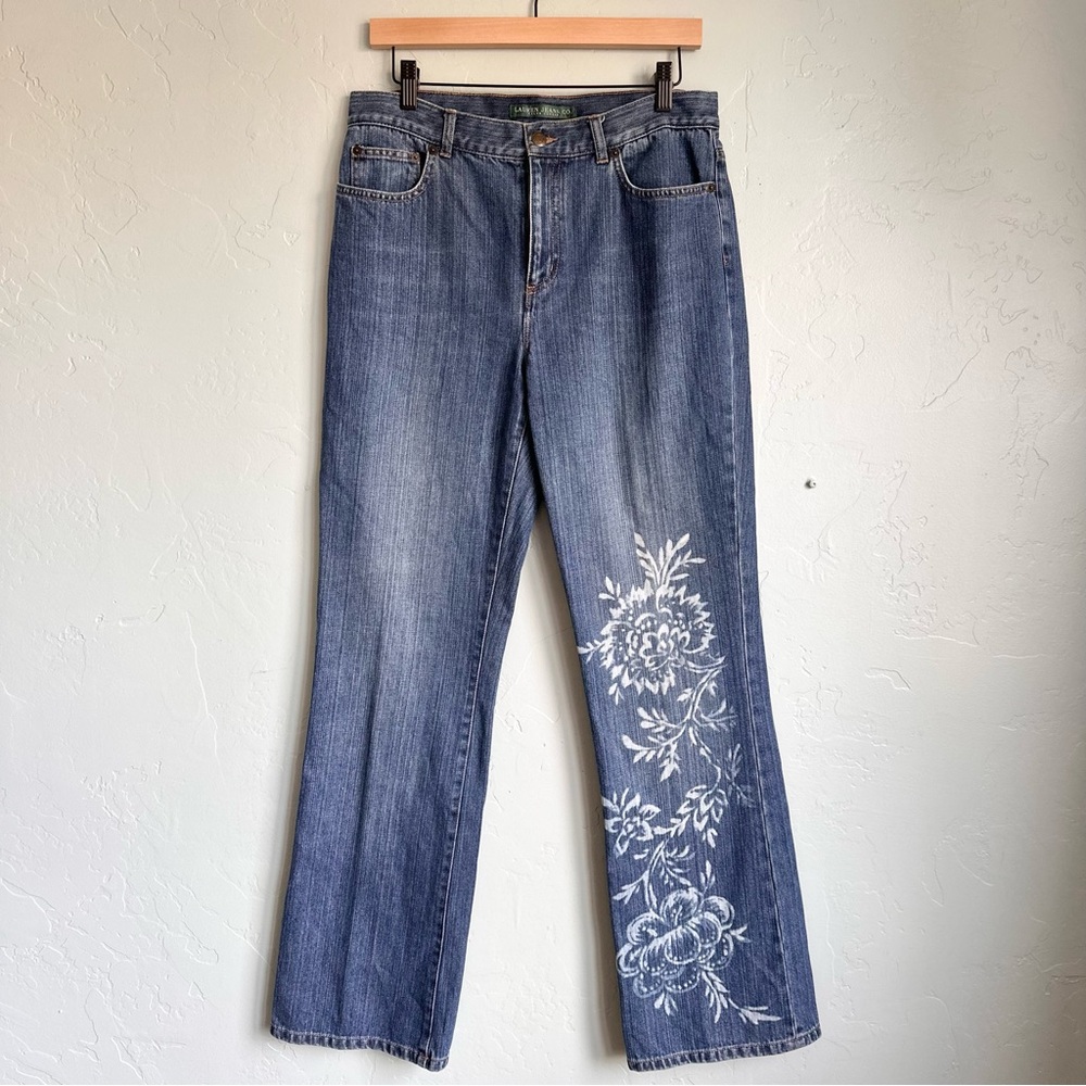 Ralph Lauren Women Y2K Vintage Blue Floral Stencil Denim Bootcut Jeans Sz 8 EUC